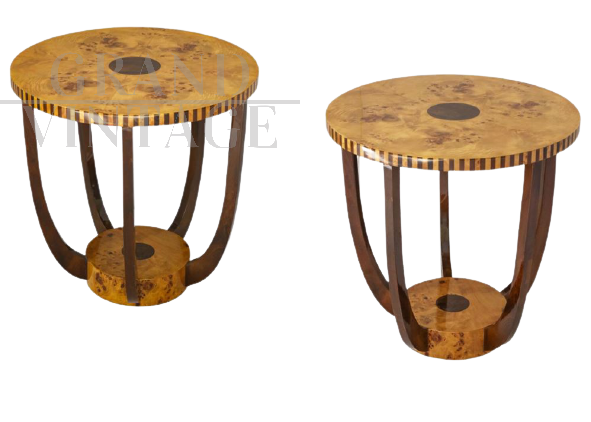 Pair of art deco style coffee tables in briar and rosewood
