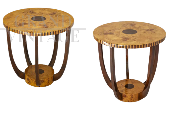 Pair of art deco style coffee tables in briar and walnut