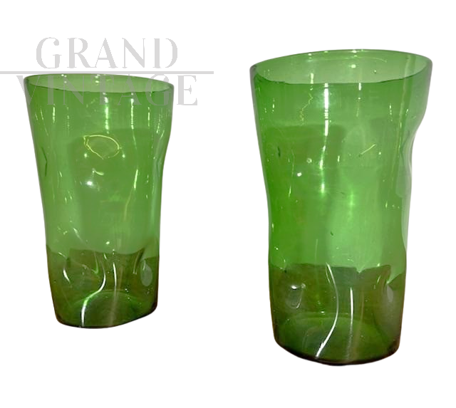 Pair of Empoli vases in crushed effect green glass, 1940s