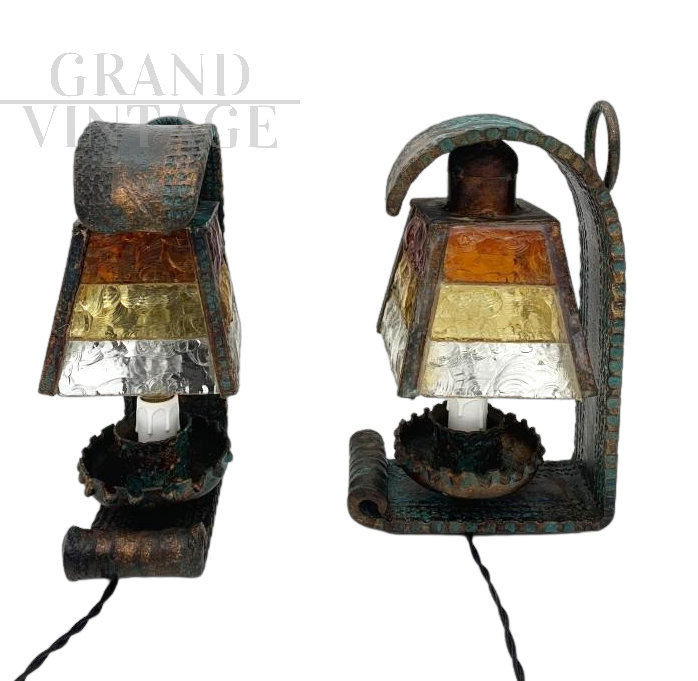 Pair of Longobard brutalist table or wall lamps in Murano glass and wrought iron