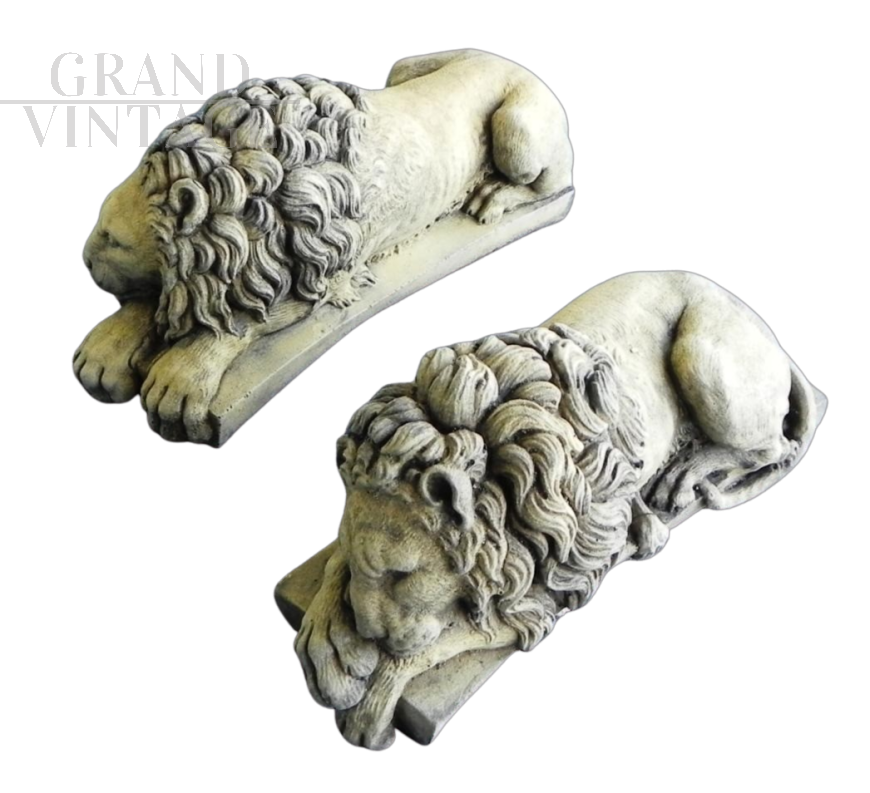 Pair of small sculptures of sleeping lions, inspired by Antonio Canova