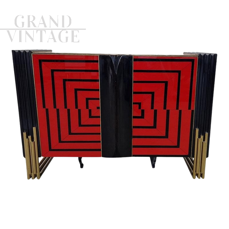 2-door sideboard in red and black glass with optical effect  