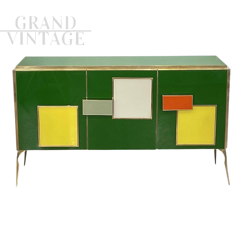 Three-door sideboard covered in multicolored glass