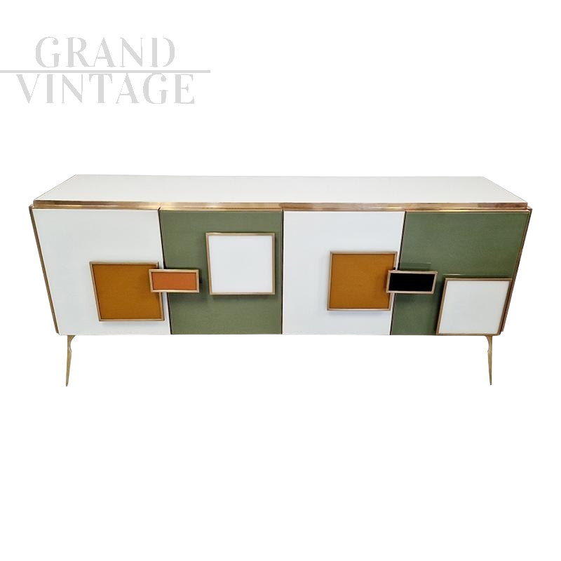 Illuminated sideboard with 4 colored glass doors with geometries       