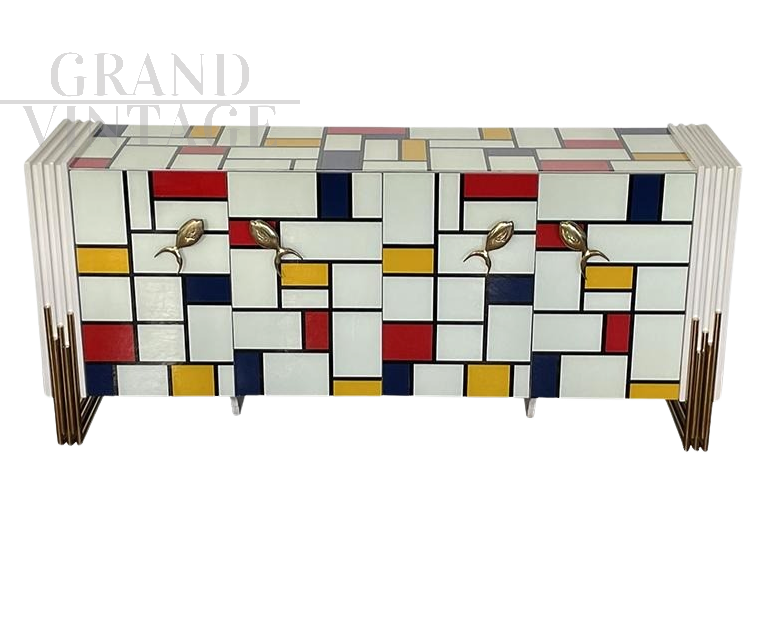 Mondrian style glass sideboard with fish-shaped handles