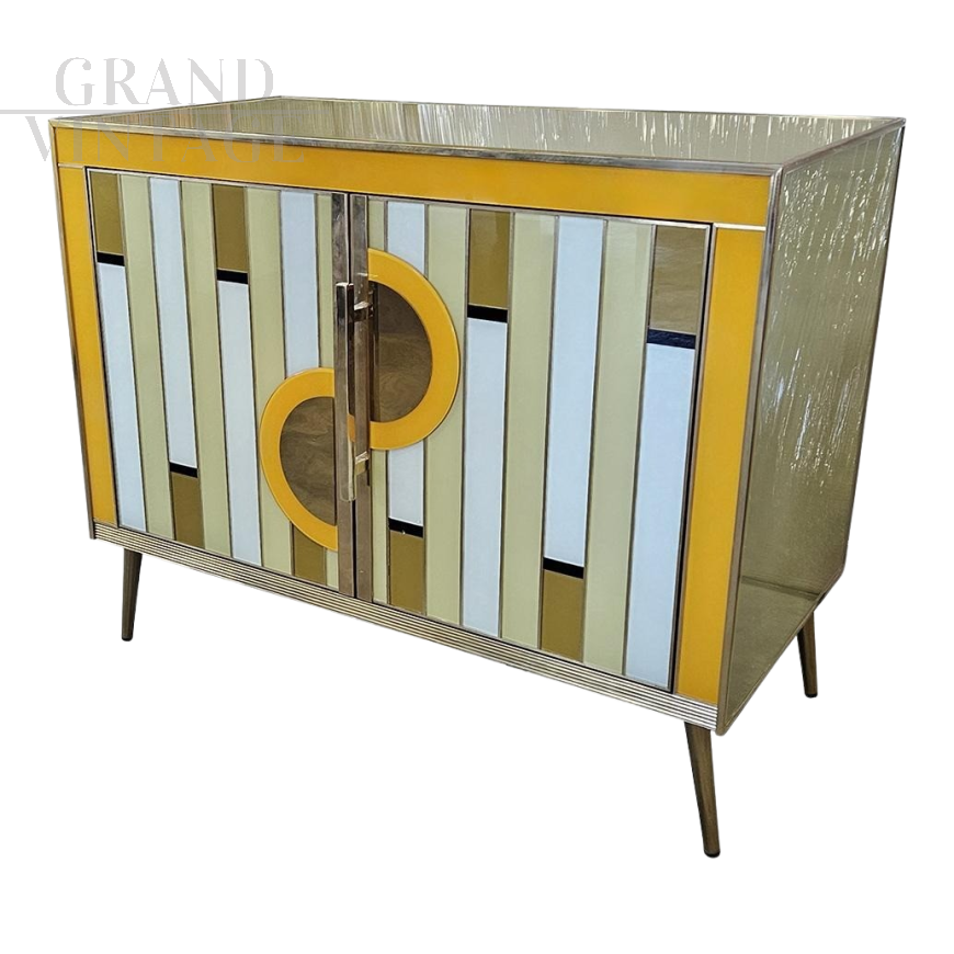 Two-door sideboard in yellow glass and golden brass