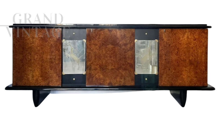 1930s Art Deco sideboard in rosewood and elm with silk-screened glass