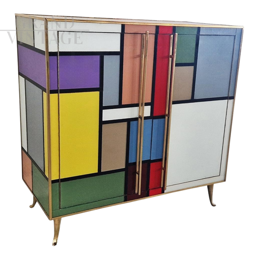 Vintage style sideboard with two colored glass doors
