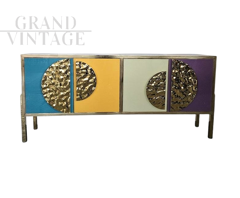 4-door brass and colored glass sideboard