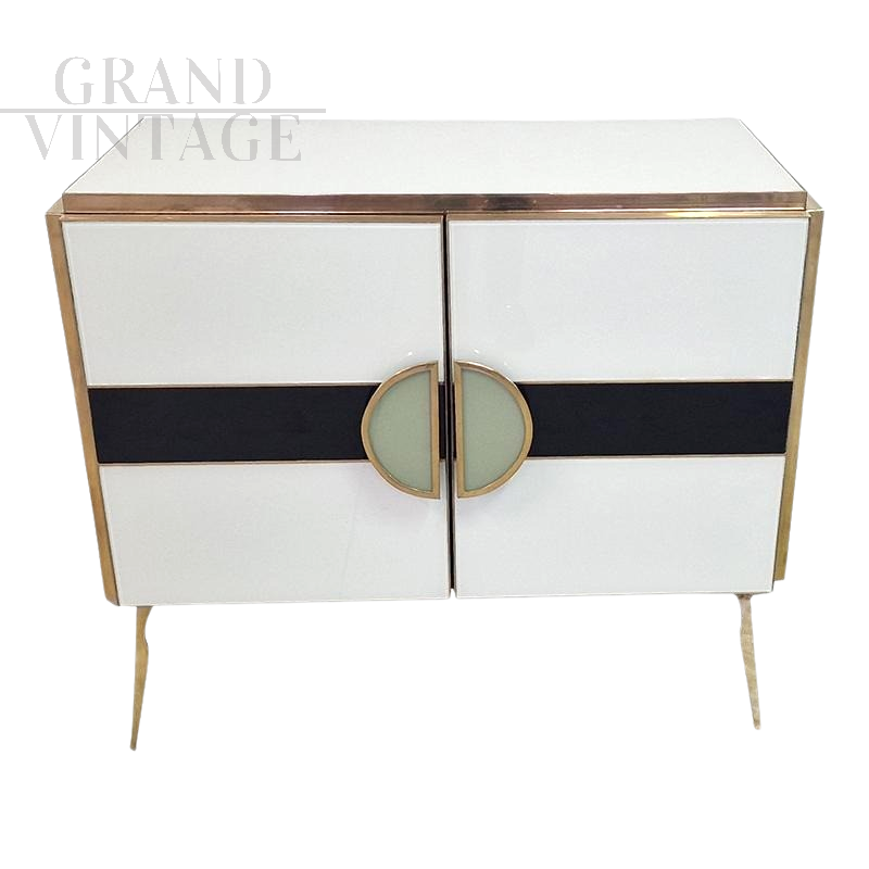 Small sideboard cabinet with 2 doors in black and white glass