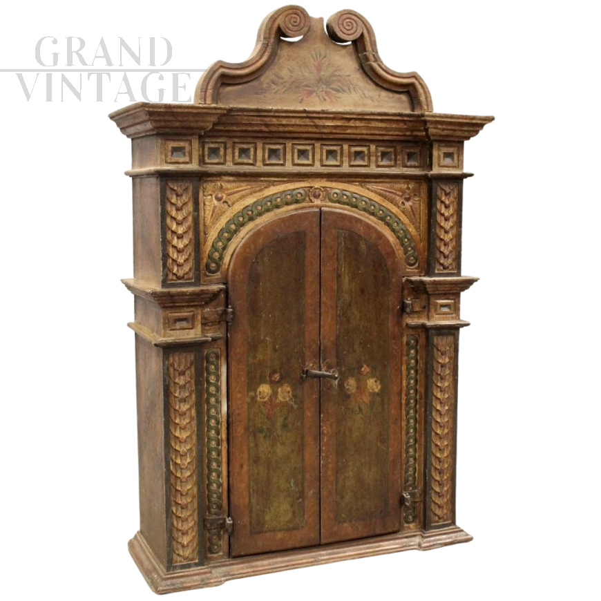 Antique 18th century hanging cabinet, lacquered and painted