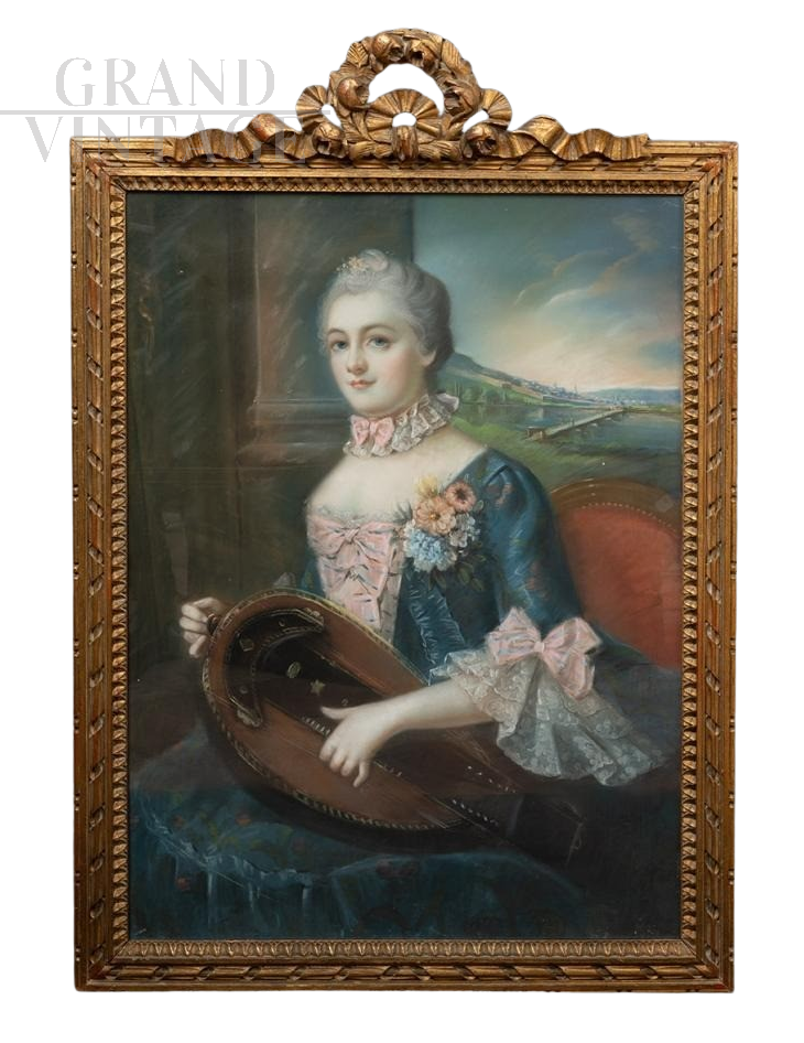 Antique pastel painting depicting a noblewoman with a hurdy-gurdy