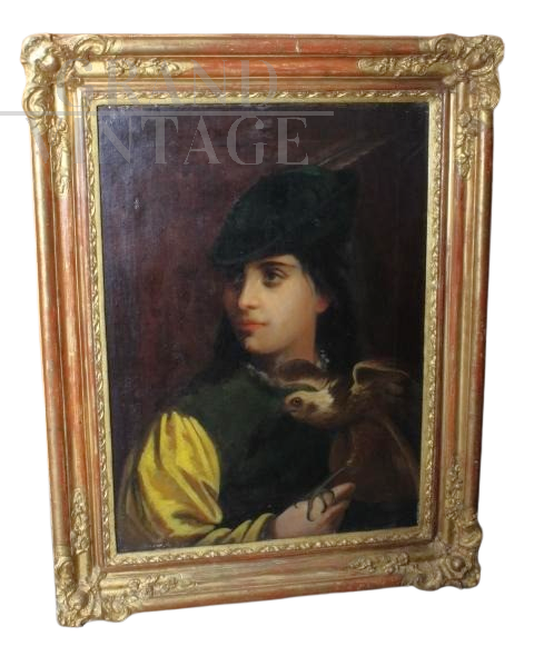 Antique oil painting on canvas with Falconer, in a gold leaf frame