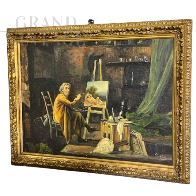 Antique painting depicting a painter's studio, France 1850s