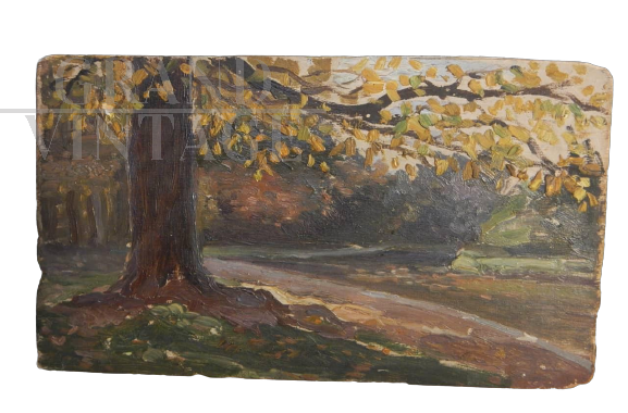 Painting with autumn forest, oil on panel                          
                            