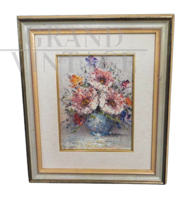 Painting with vase of flowers, oil on panel from the 70s          
                            