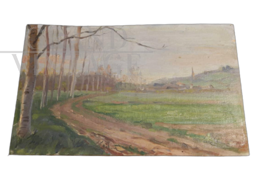 Autumn French countryside painting with bell tower                       
                            