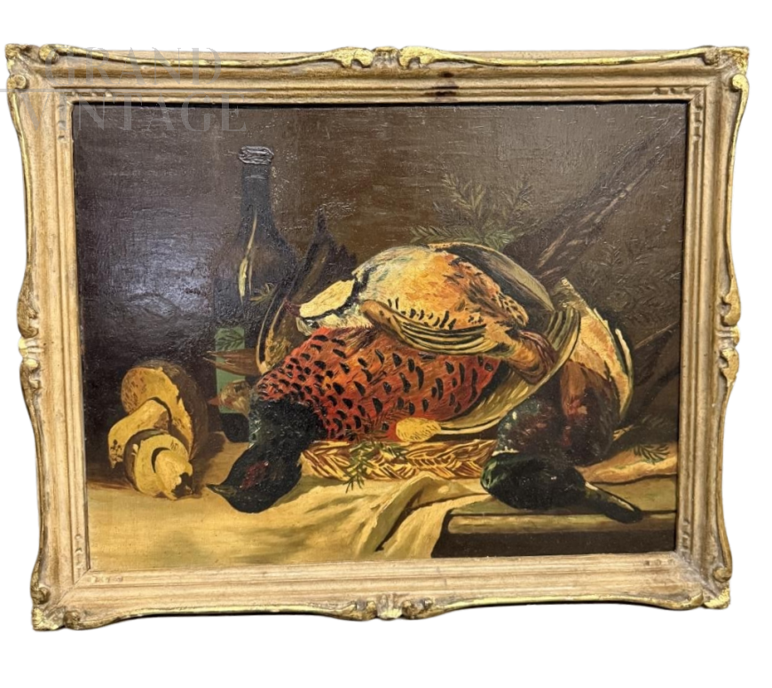 Still life painting with game, oil on panel, 1940s