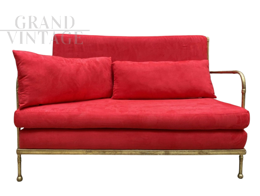 Maison Baguès style sofa in gold metal and red Alcantara