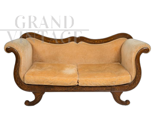Antique Charles X French sofa in precious exotic wood with inlays      
                            