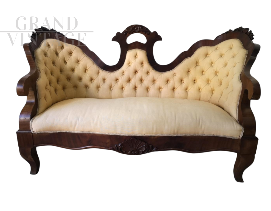Antique Louis Philippe 2-seater sofa with curved capitonné backrest