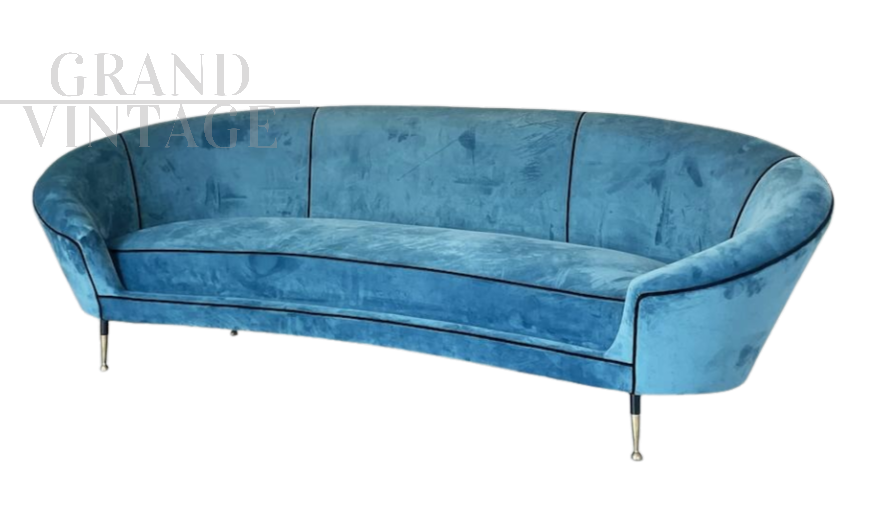 Curved teal blue velvet sofa, 1950s