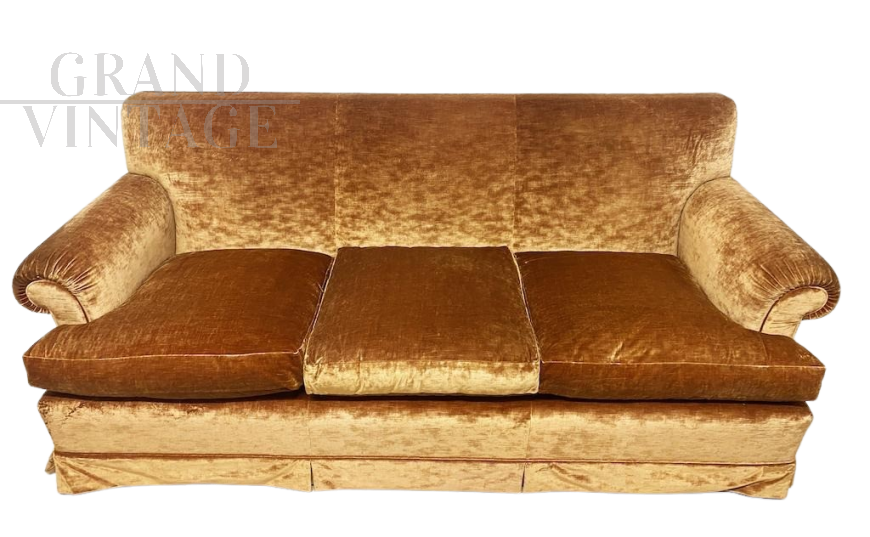 Classic three-seater vintage sofa in tawny brown silk velvet