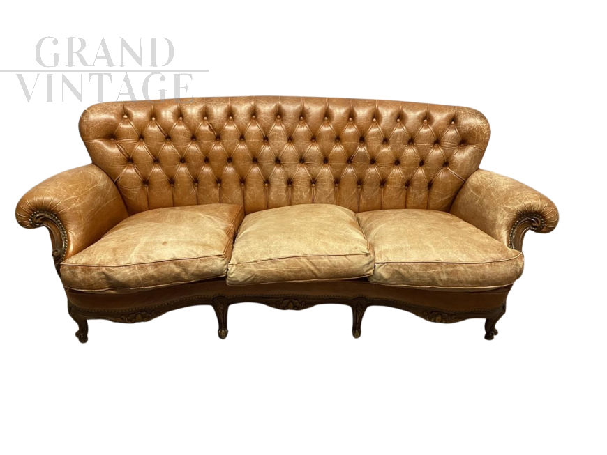 Vintage Chippendale leather sofa with tufted backrest