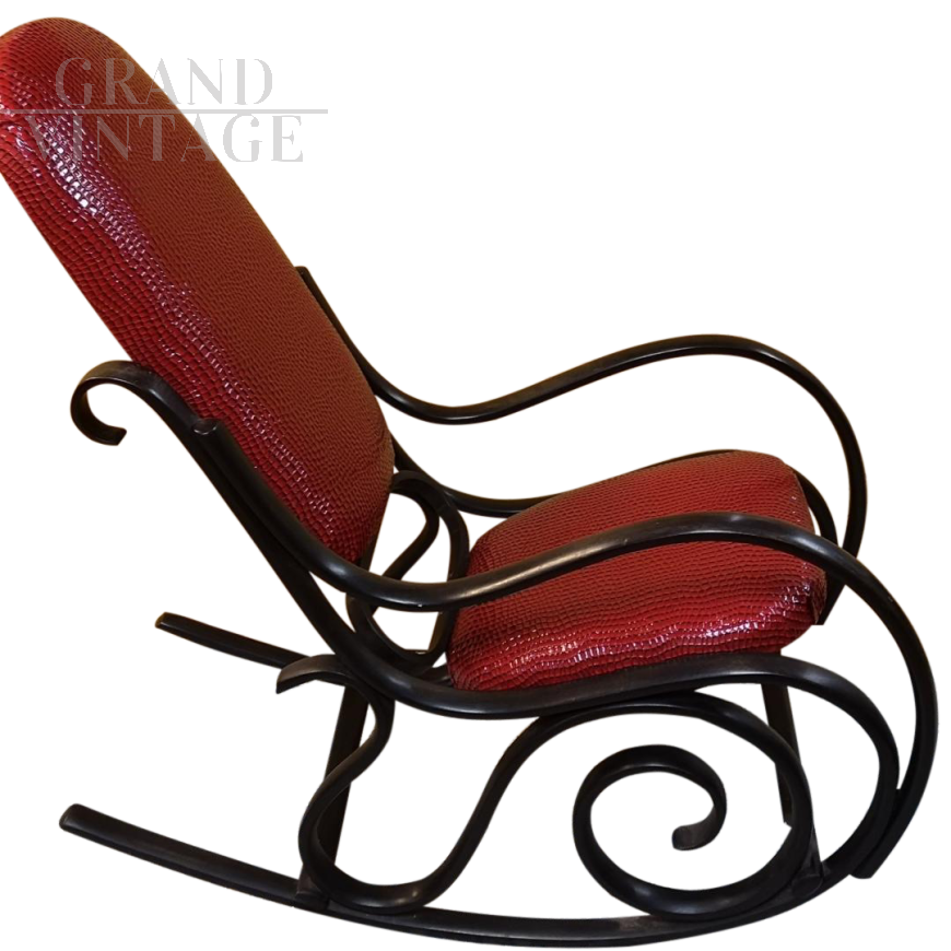 Thonet rocking chair upholstered in red leather