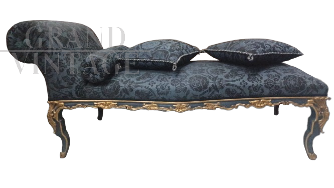 Antique Louis XIV settee daybed upholstered in blue San Leucio silk                     
                            
