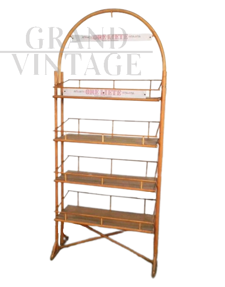 Vintage bamboo pastry display cabinet with Ore Liete advertising, Italy 1970s