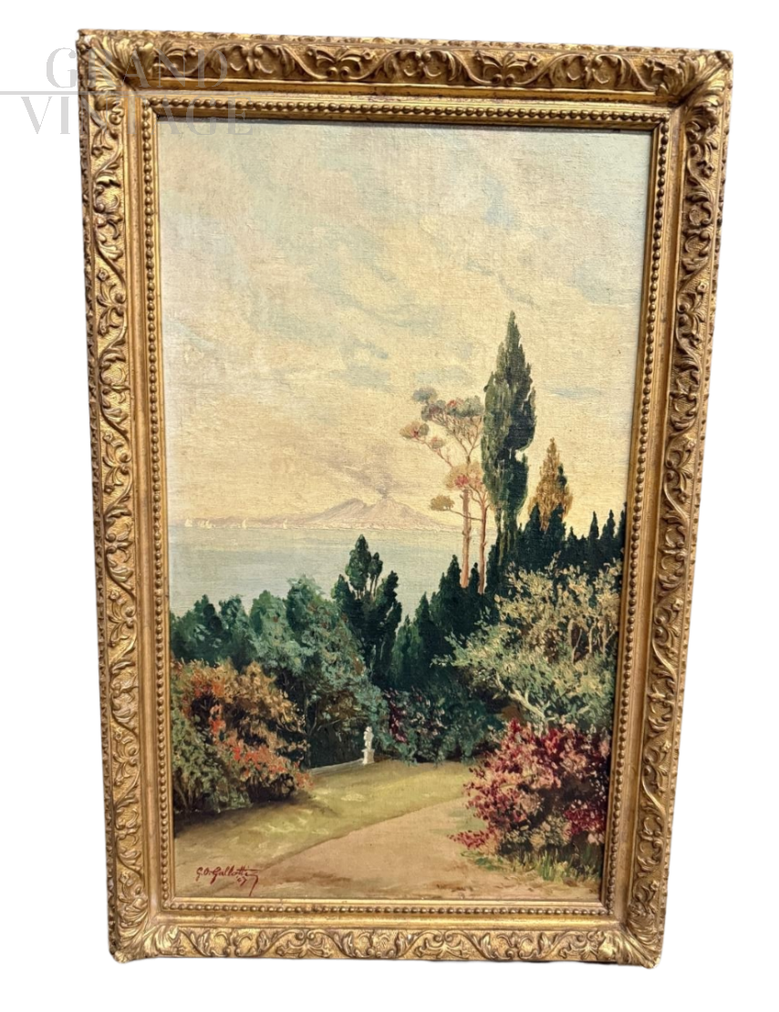 Gallotti - Painting of Naples with Vesuvius, oil on panel from 1947