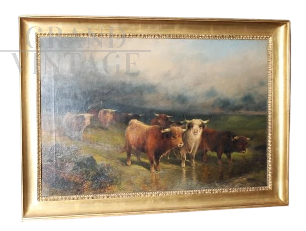 Gibb Thomas Henry - Antique landscape painting with cows  