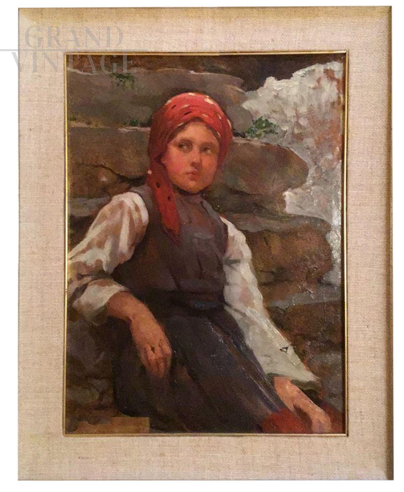 Giovanni Guarlotti, Little girl with a red shawl, painted on wood