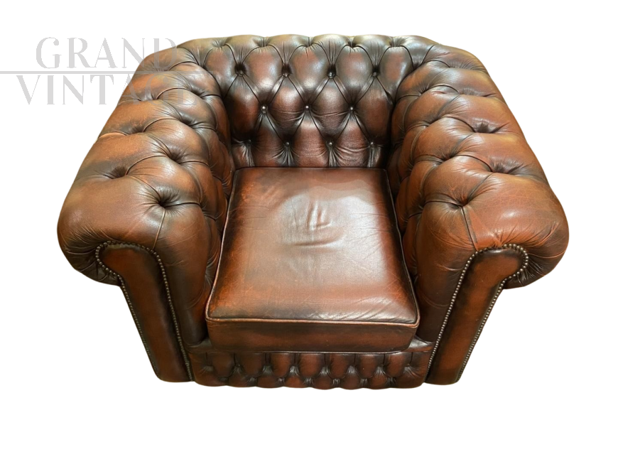 Large vintage Chesterfield armchair in burgundy leather