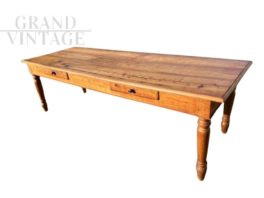 Large antique farmhouse table in cherry wood with inlays, Italy 19th century