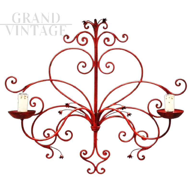 Large red lacquered wrought iron wall light, 1930s
