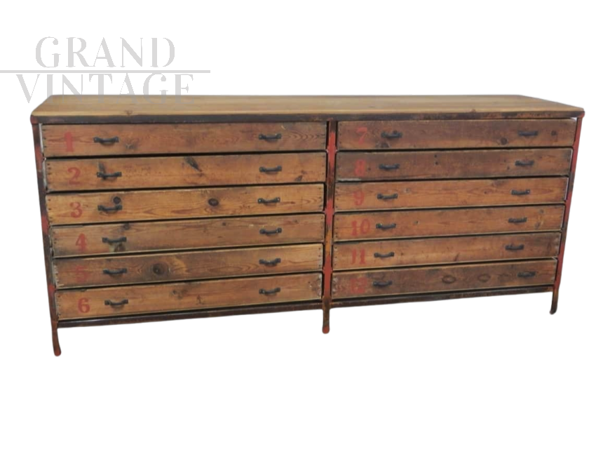 Large industrial counter with 12 numbered drawers, 1960s
