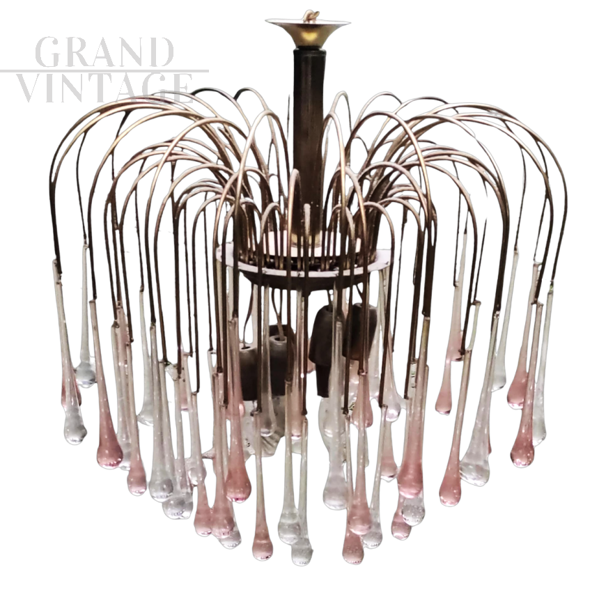 Vistosi waterfall chandelier with pink Murano glass drops, 1970s
                            