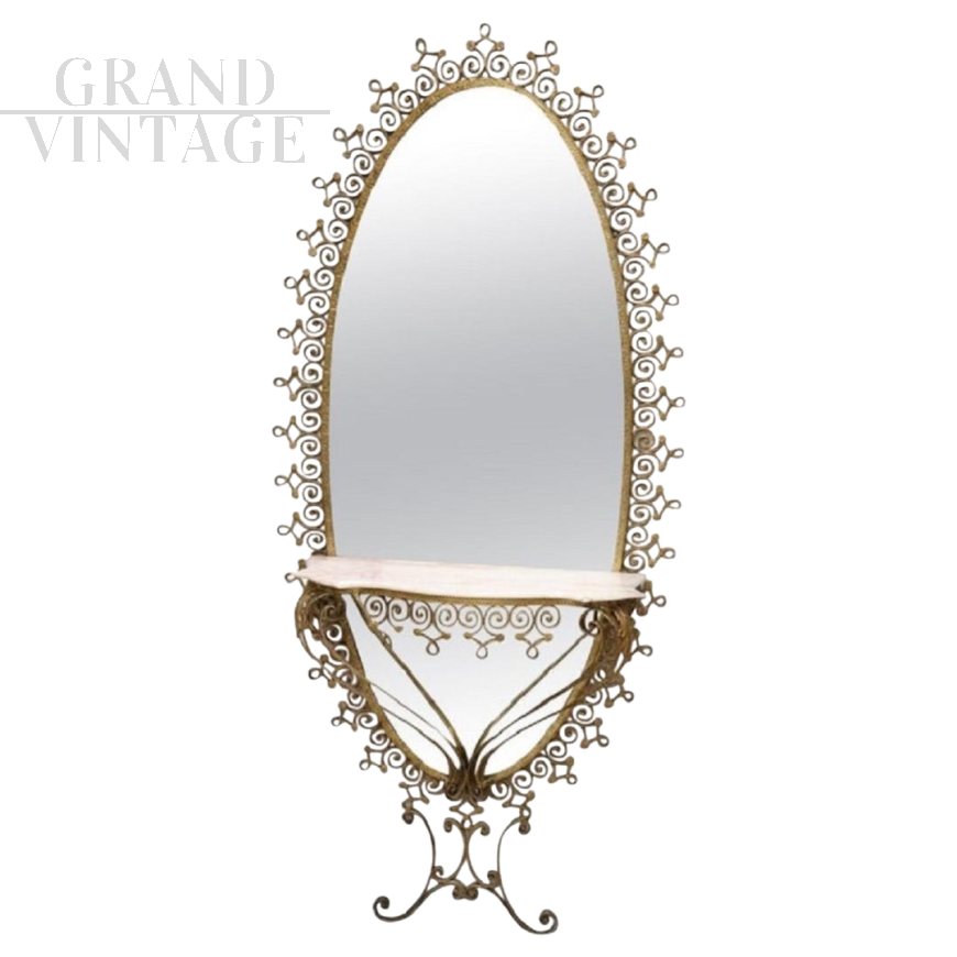 Large oval wall mirror with console, 1950s