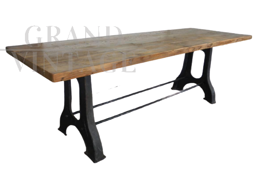 Large industrial table with wooden top, 1960s