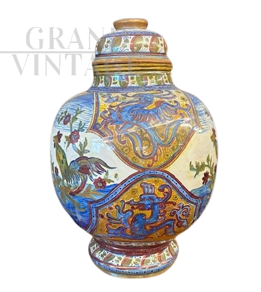 Large Liberty potiche vase by Santarelli - Gualdo Tadino with rooster, 1920s