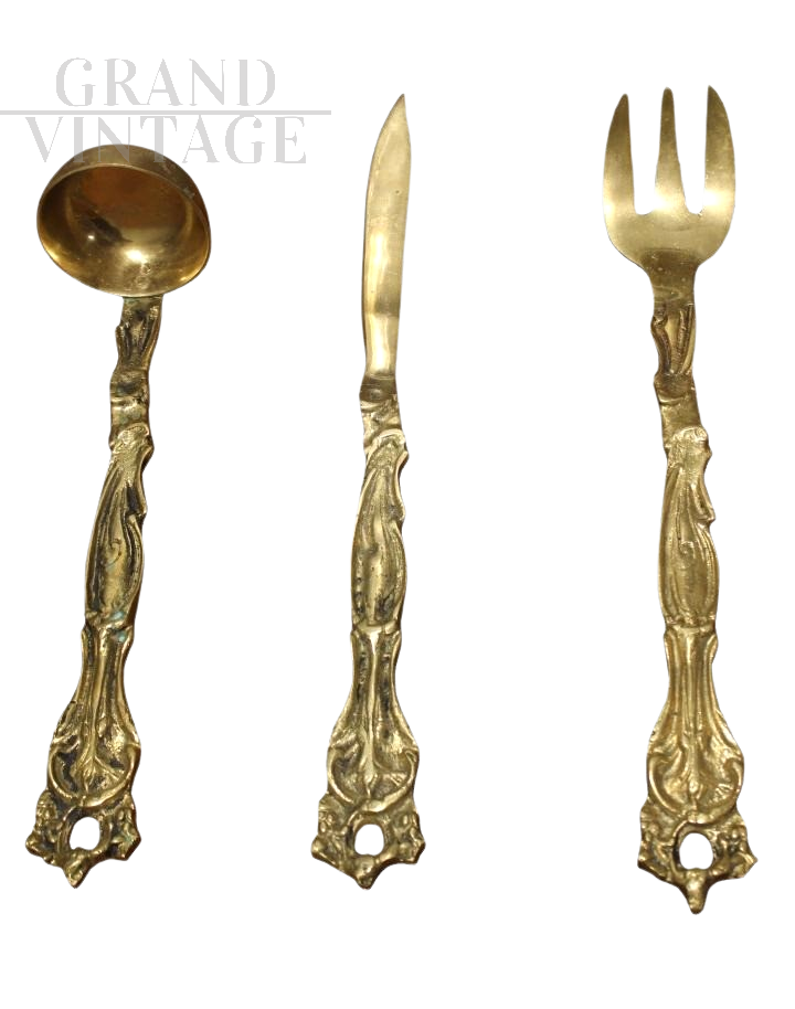 Set of large decorative brass cutlery, Italy 1950s