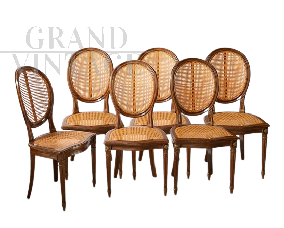 Group of six antique solid mahogany medallion chairs                    
                            