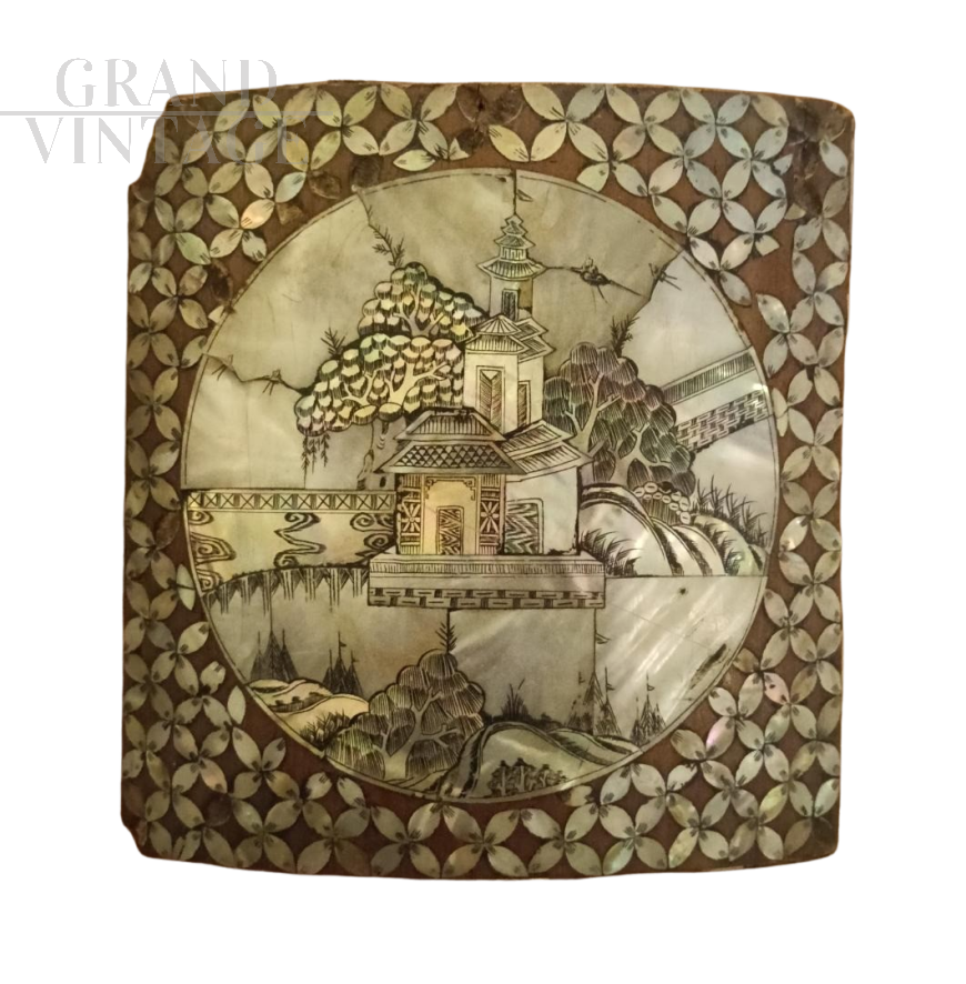 The Temple - wooden and mother-of-pearl panel, Indochina, late 19th century 