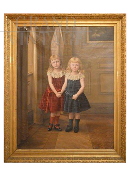 Karel de Kesel - painting of two child sisters, oil on panel from 1890