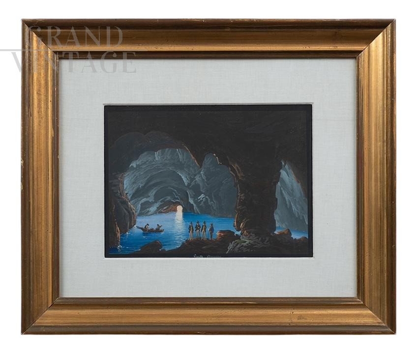 The Blue Grotto - Antique tempera painting on gouache cardboard                      
                            