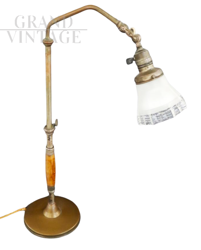 1930s directional lamp in brass, wood and glass