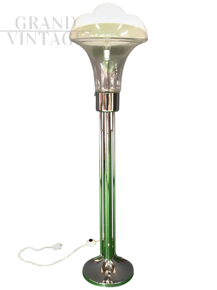Chrome floor lamp with glass lampshade