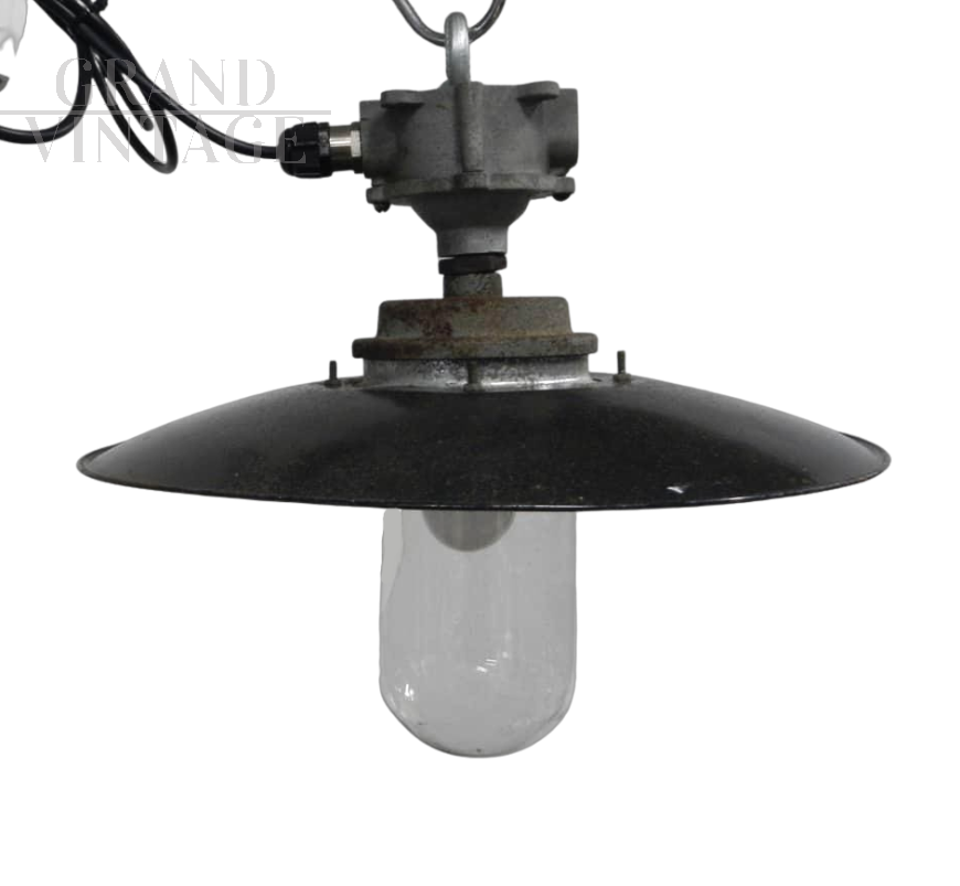 Industrial style black metal outdoor suspension lamp, 1940s
